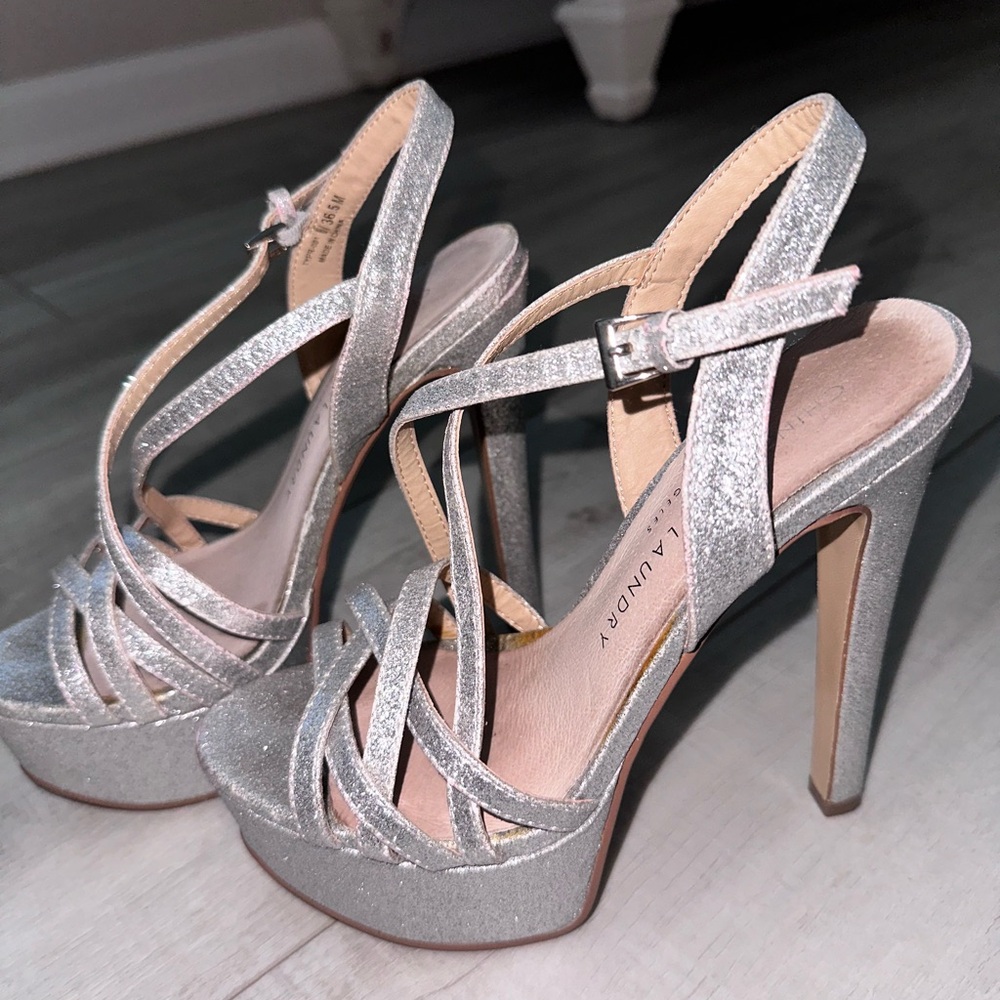 Chinese Laundry Silver Stiletto Heels with Strappy Design
